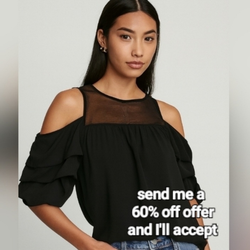 INC International Concepts Black Cold-Shoulder Ruffle Blouse